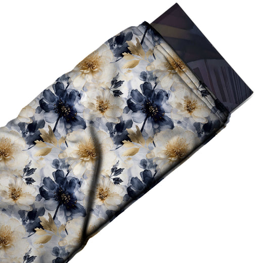 White & Navy Inky Navy & Gold Florals Printed Moss Crepe Fabric - flat fabric swatch, design Design No_3828, Clothwala