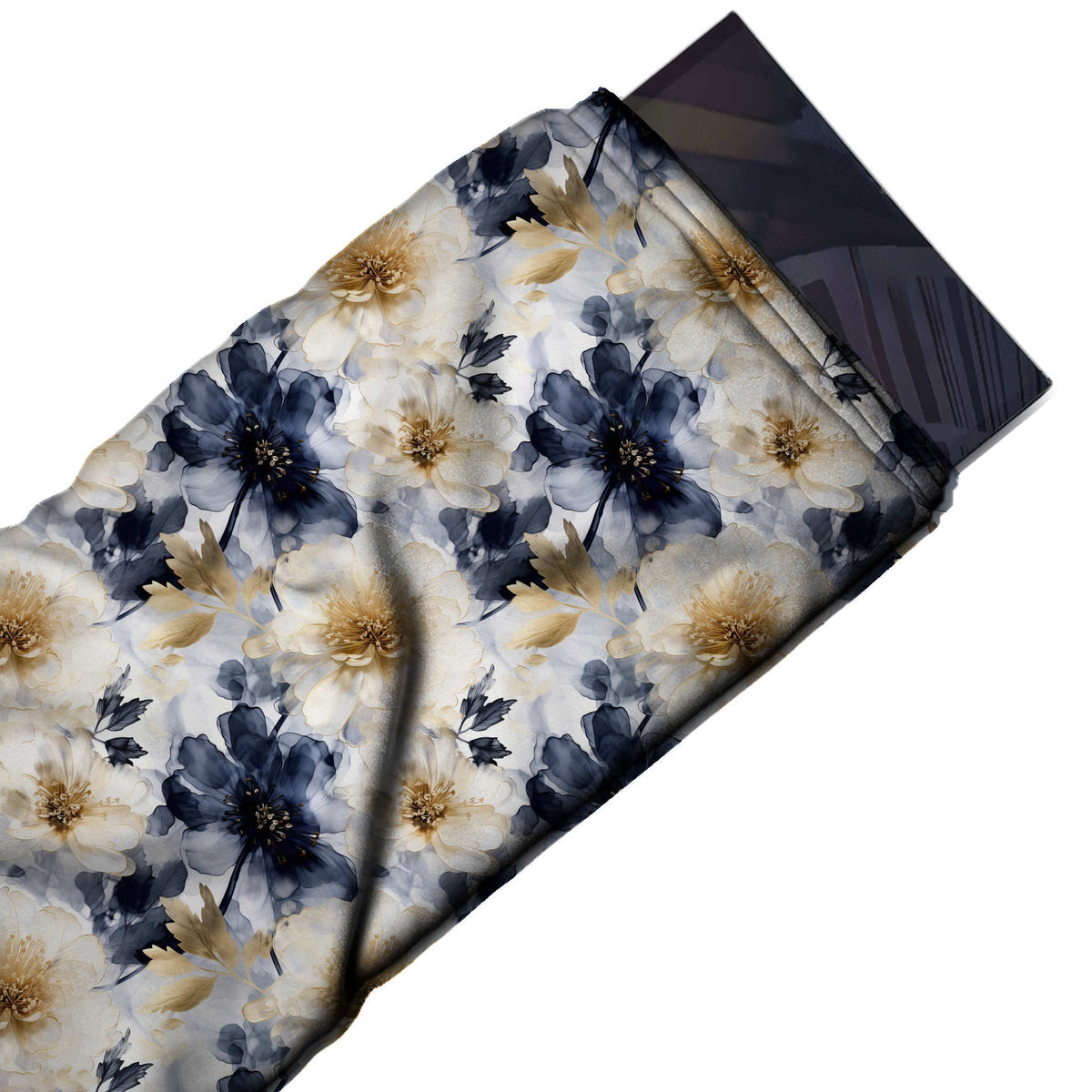White & Navy & Ivory Anemones Printed Moss Crepe Fabric - flat fabric swatch, design Design No_3823, Clothwala
