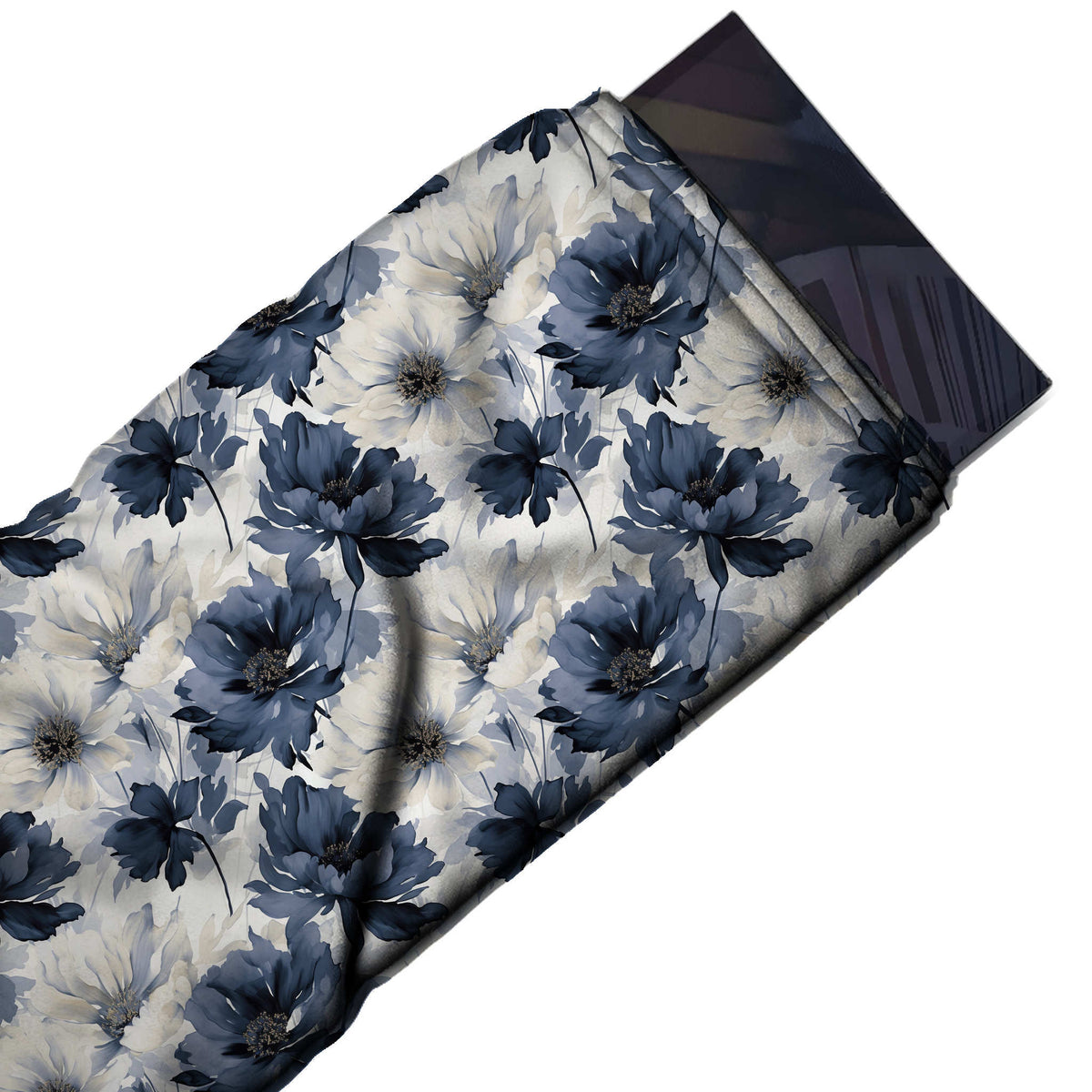 White & Navy & White Blooms Printed Moss Crepe Fabric - flat fabric swatch, design Design No_3825, Clothwala