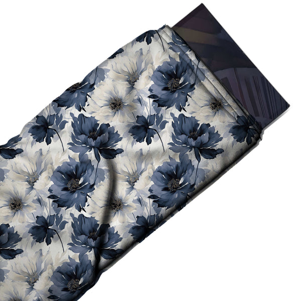 White & Navy & White Poppies Printed Moss Crepe Fabric