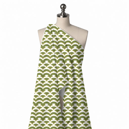 White & Olive Green Crescent Scale Scallops Printed French Crepe Fabric