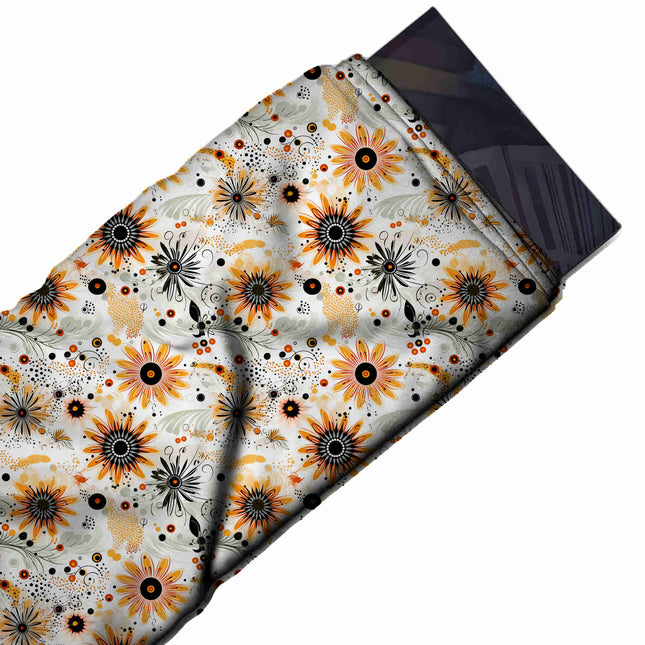 Flat fabric swatch: tossed all-over floral of small to medium orange daisies with black, design Design No_4385, Clothwala