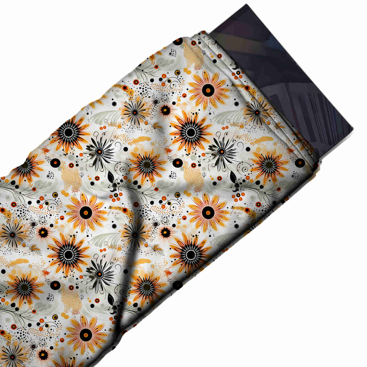 Flat fabric swatch: tossed all-over floral of small to medium orange daisies with black, design Design No_4385, Clothwala