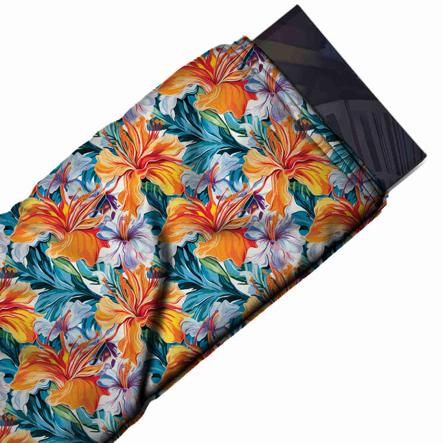 Flat fabric swatch: large-scale all-over floral in brushstroke style with orange and, design Design No_4484, Clothwala