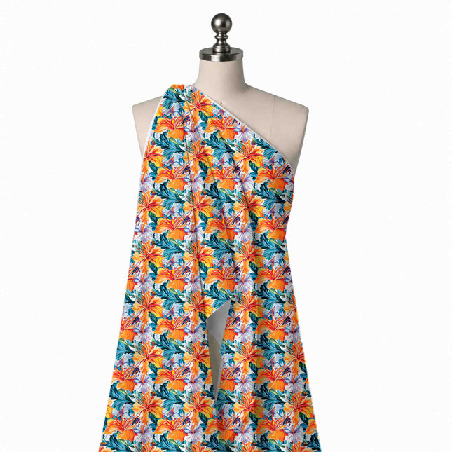 Draped on a mannequin: large-scale all-over floral in brushstroke style with orange and, design Design No_4484, Clothwala