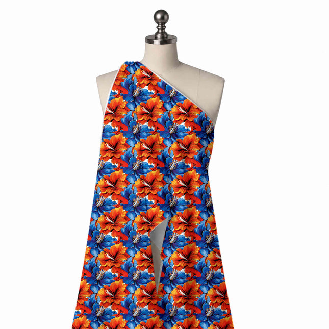 Draped on a mannequin: large-scale packed floral alternating orange-red hibiscus and, design Design No_4476, Clothwala