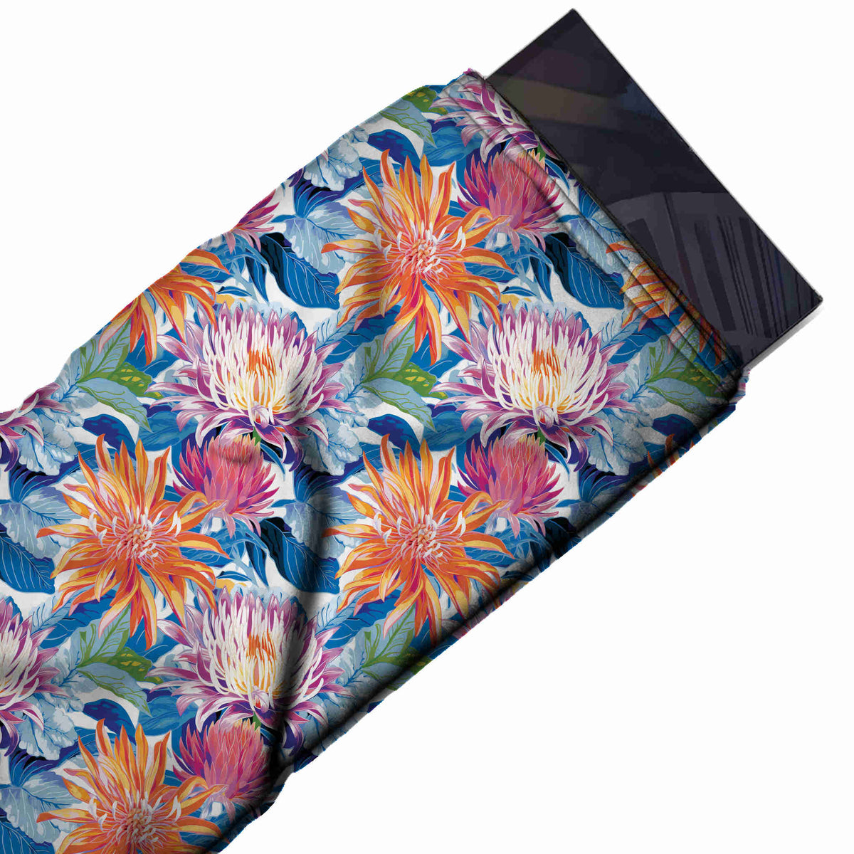 Flat fabric swatch: dense all-over large-scale floral of orange spiky dahlia-type blooms, design Design No_4474, Clothwala