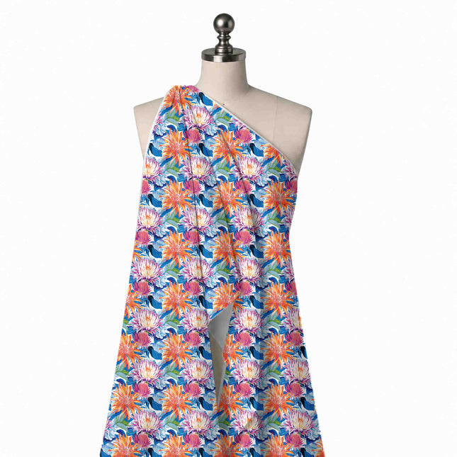 Draped on a mannequin: dense all-over large-scale floral of orange spiky dahlia-type, design Design No_4474, Clothwala