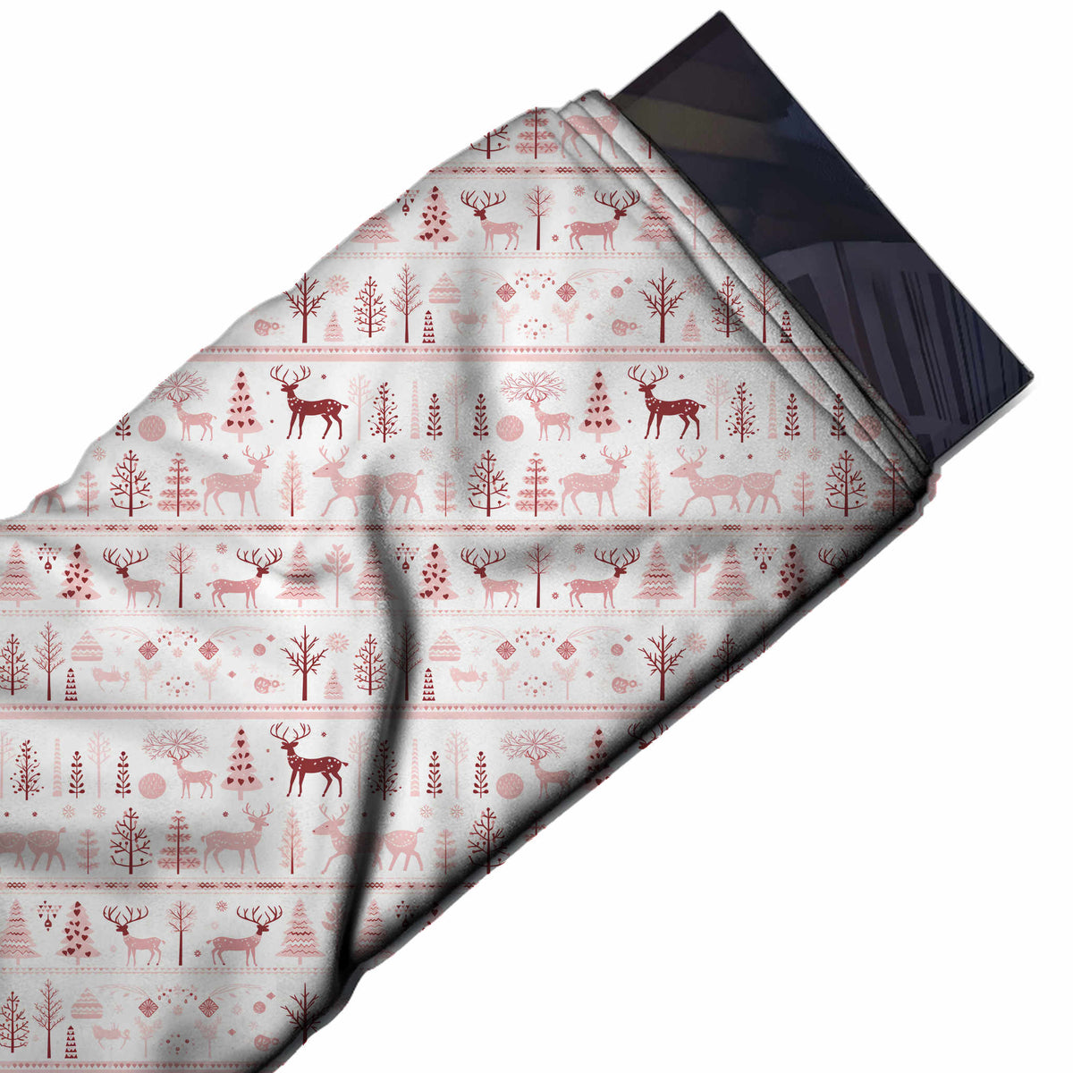 Flat fabric swatch: horizontal row layout of small to medium reindeer, design Design No_4505, Clothwala