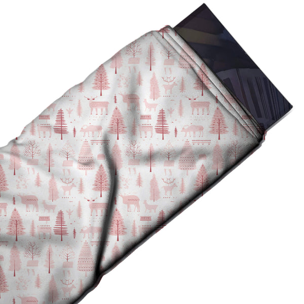 White & Peach Pink Patterned Moose & Firs Printed Pure Natural Crepe Fabric