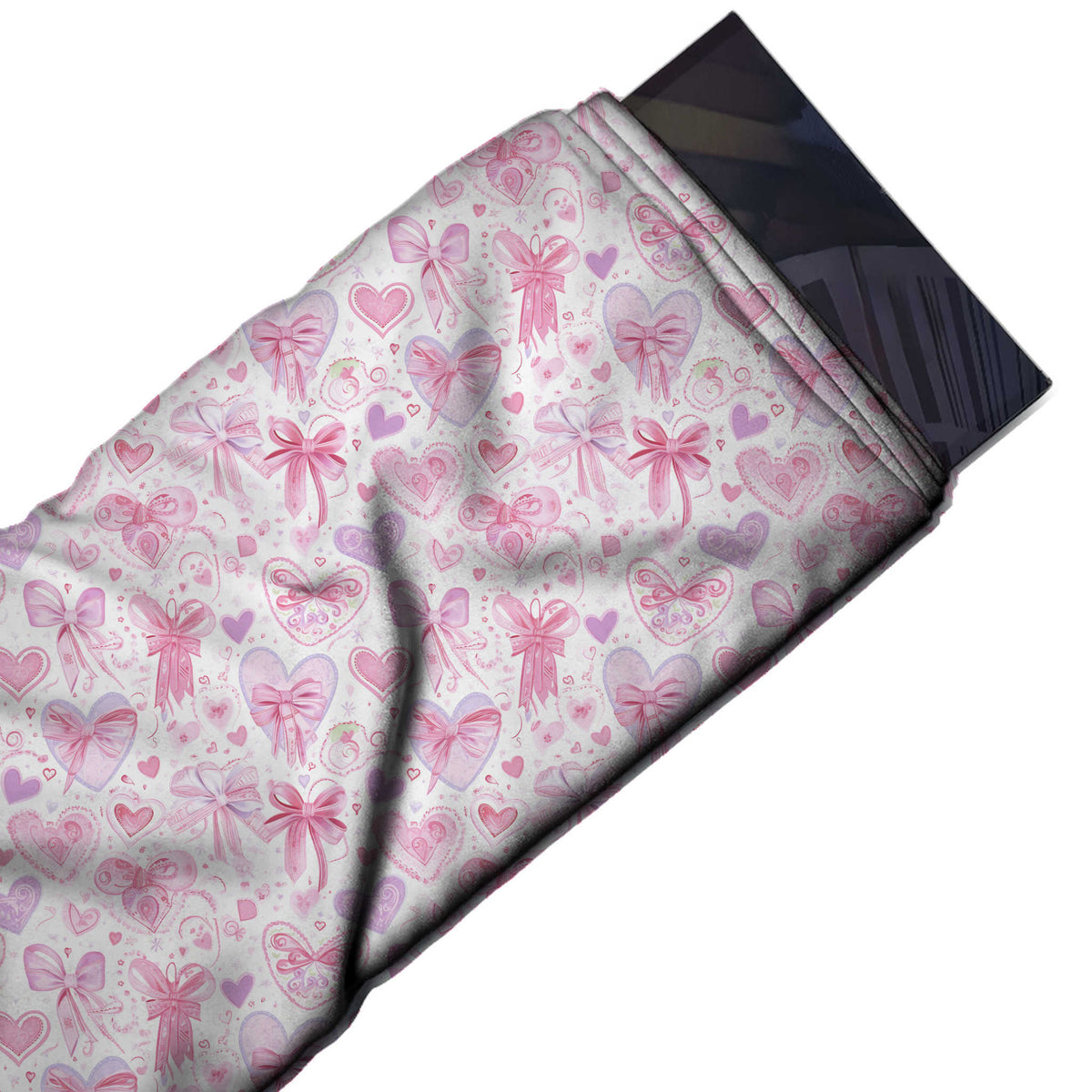 Flat fabric swatch: close all-over layout of lilac and pink hearts carrying pink bows, design Design No_4469, Clothwala