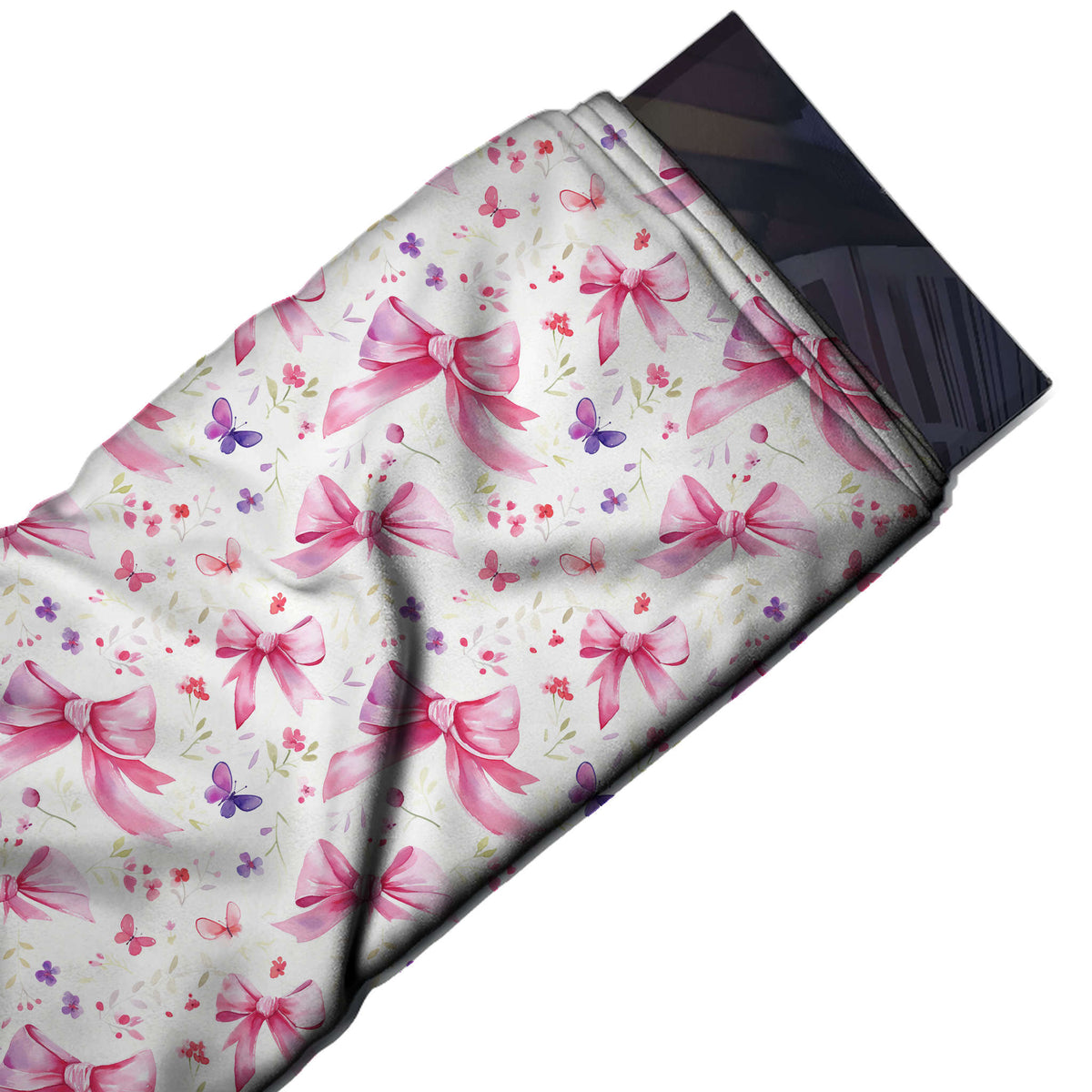 Flat fabric swatch: spaced layout of large and medium pink watercolour bows with flowing, design Design No_4471, Clothwala