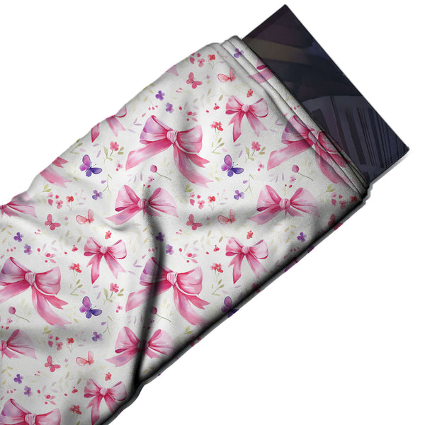 White & Pink Bows Butterflies & Wildflowers Printed Pure Natural Crepe Fabric