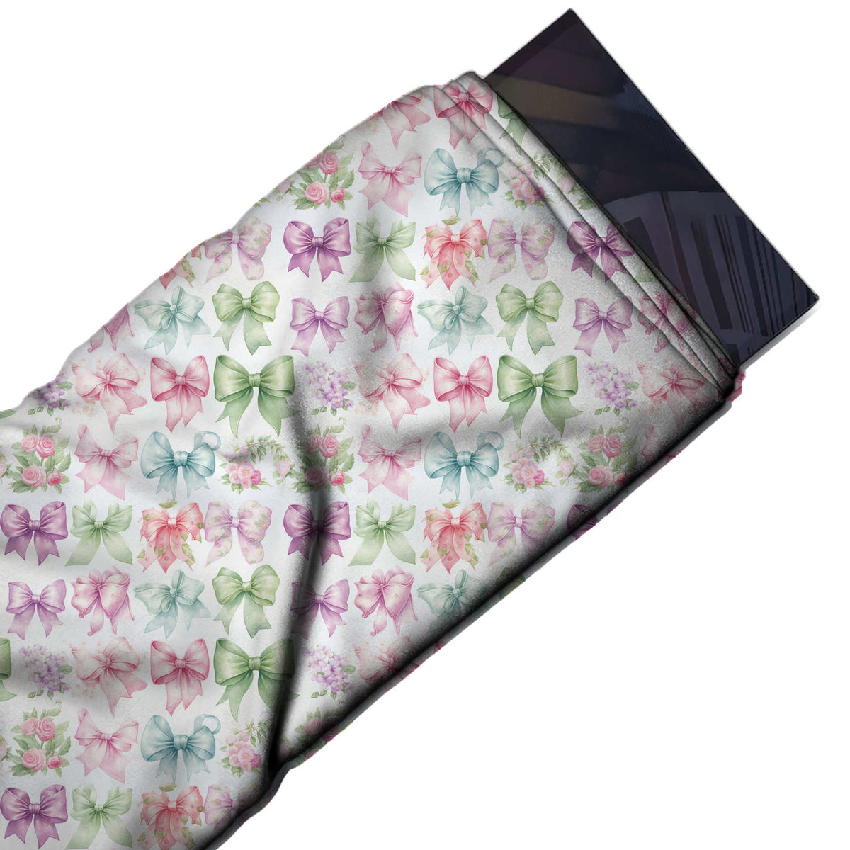 Flat fabric swatch: grid-like rows of small watercolour bows in pink, green, lilac, design Design No_4421, Clothwala