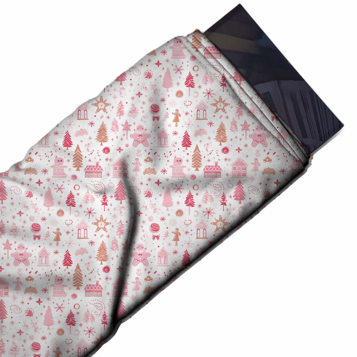 Flat fabric swatch: one-way scattered festive print of small star-shaped gingerbread, design Design No_4544, Clothwala