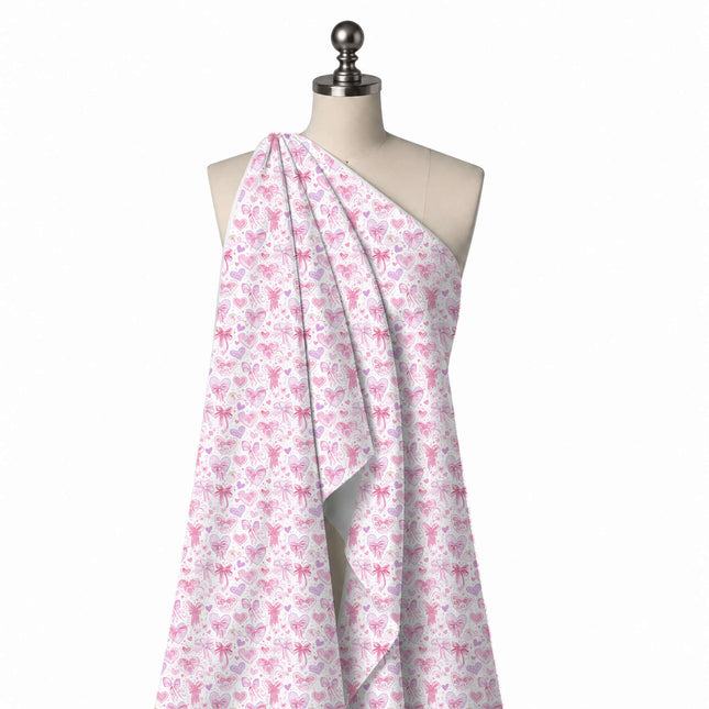 Draped on a mannequin: dense all-over layout of pink and lilac hearts, design Design No_4466, Clothwala