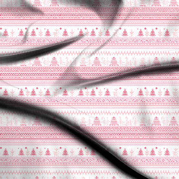 White & Pink Knit Christmas Tree Bands Printed Pure Natural Crepe Fabric