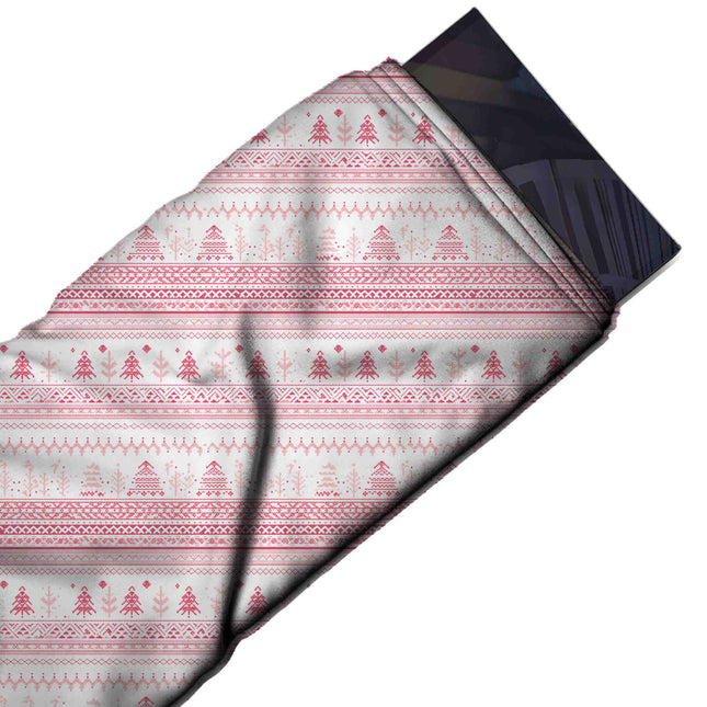 Flat fabric swatch: horizontal band layout alternating rows of small pixel-style Christmas, design Design No_4497, Clothwala