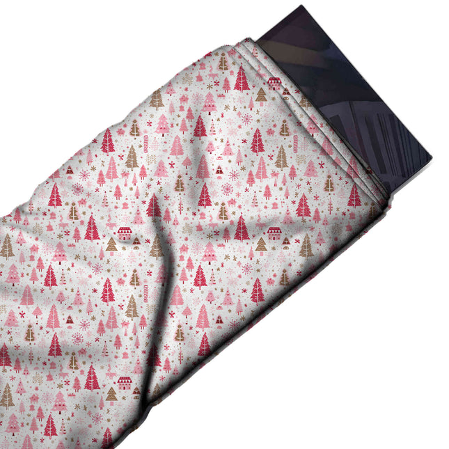 Flat fabric swatch: dense all-over ditsy-scale one-way print of upright fir trees in pink, design Design No_4962, Clothwala