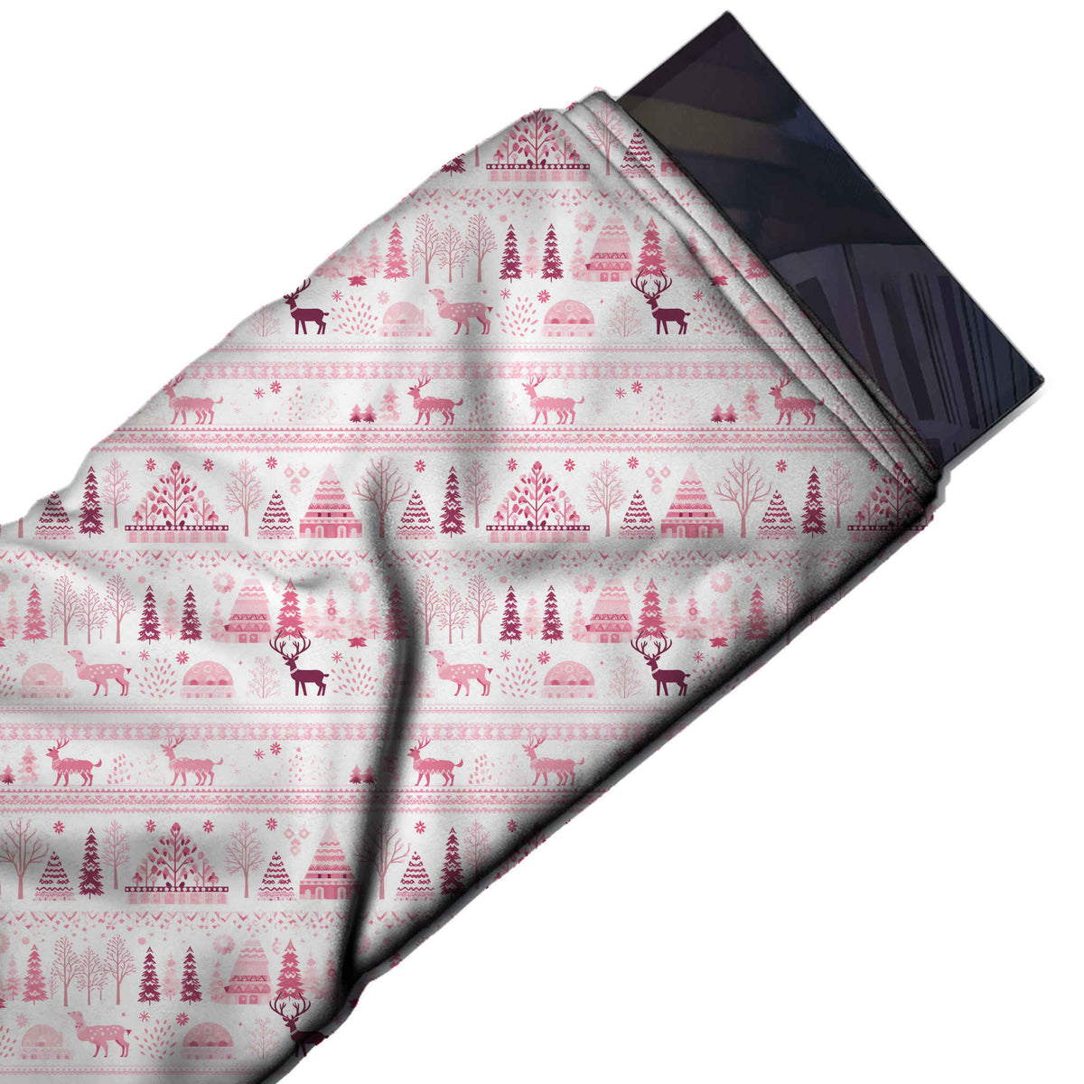 Flat fabric swatch: horizontal band layout of small reindeer, patterned triangular trees, design Design No_4498, Clothwala