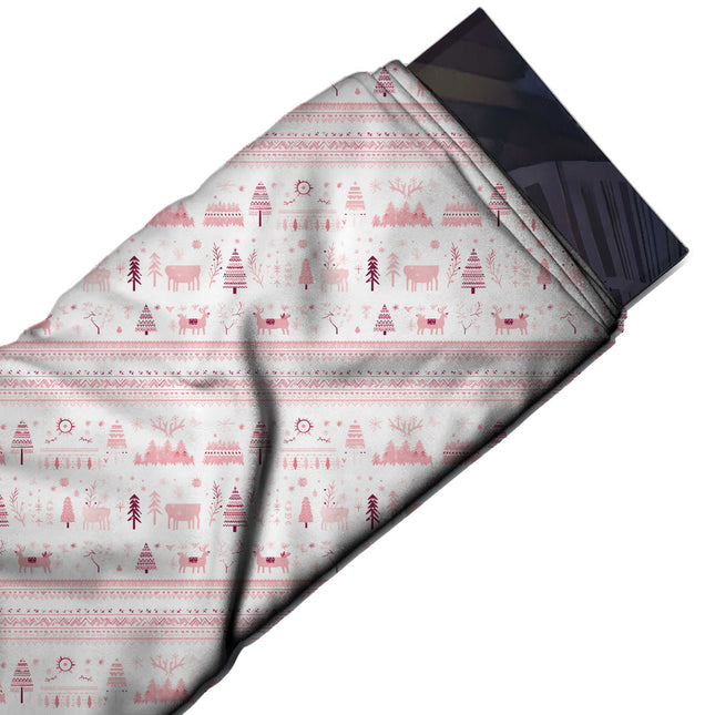 Flat fabric swatch: horizontal band layout of small reindeer with patterned saddle, design Design No_4501, Clothwala