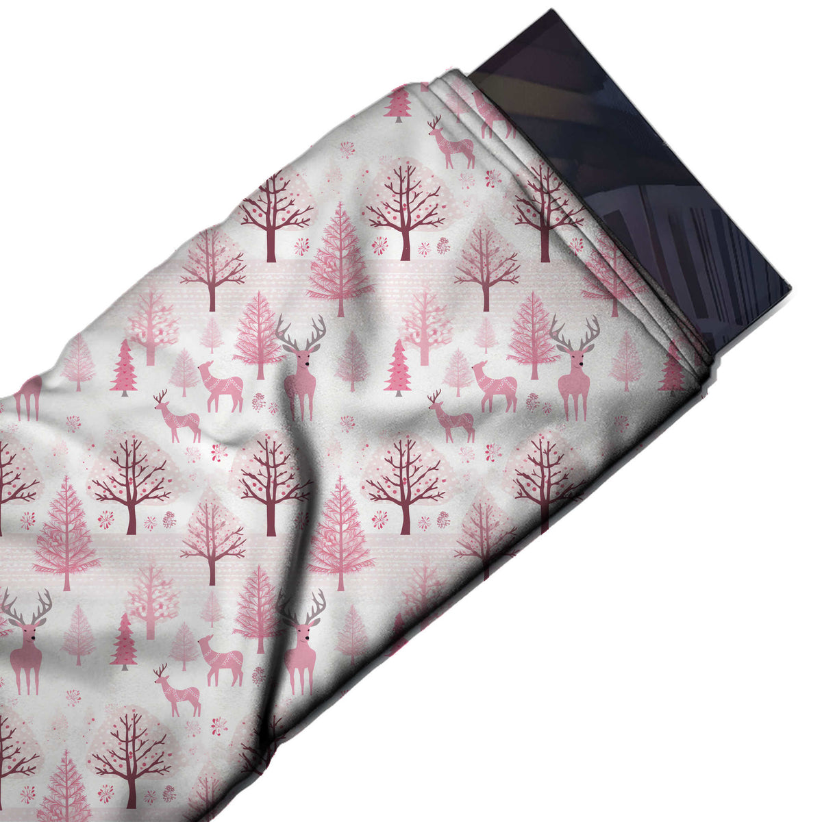 Flat fabric swatch: all-over one-way woodland layout of medium-scale standing stags with, design Design No_4496, Clothwala