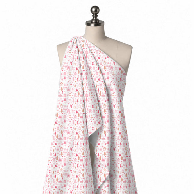 Draped on a mannequin: open all-over one-way print of small pink houses, pink, design Design No_4964, Clothwala