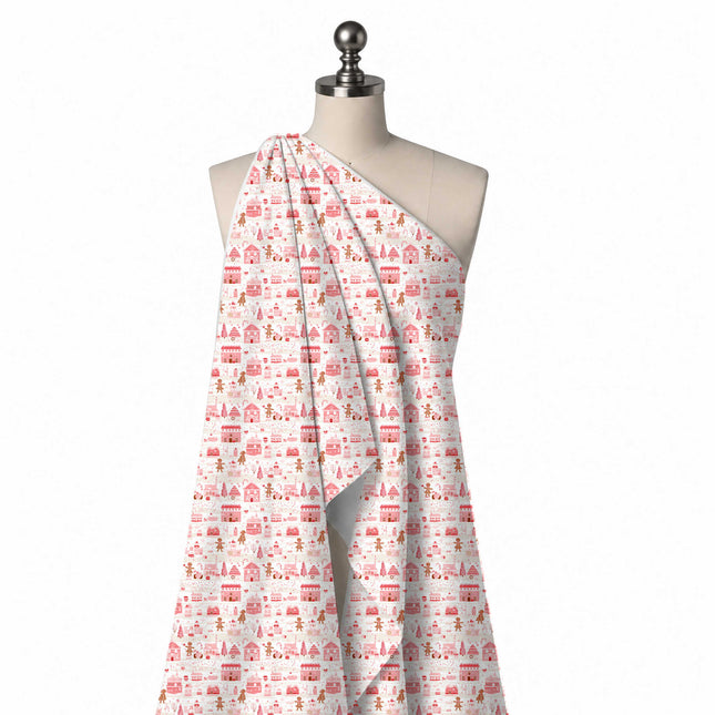 Draped on a mannequin: one-way print in horizontal rows of pink and coral iced houses, design Design No_4934, Clothwala