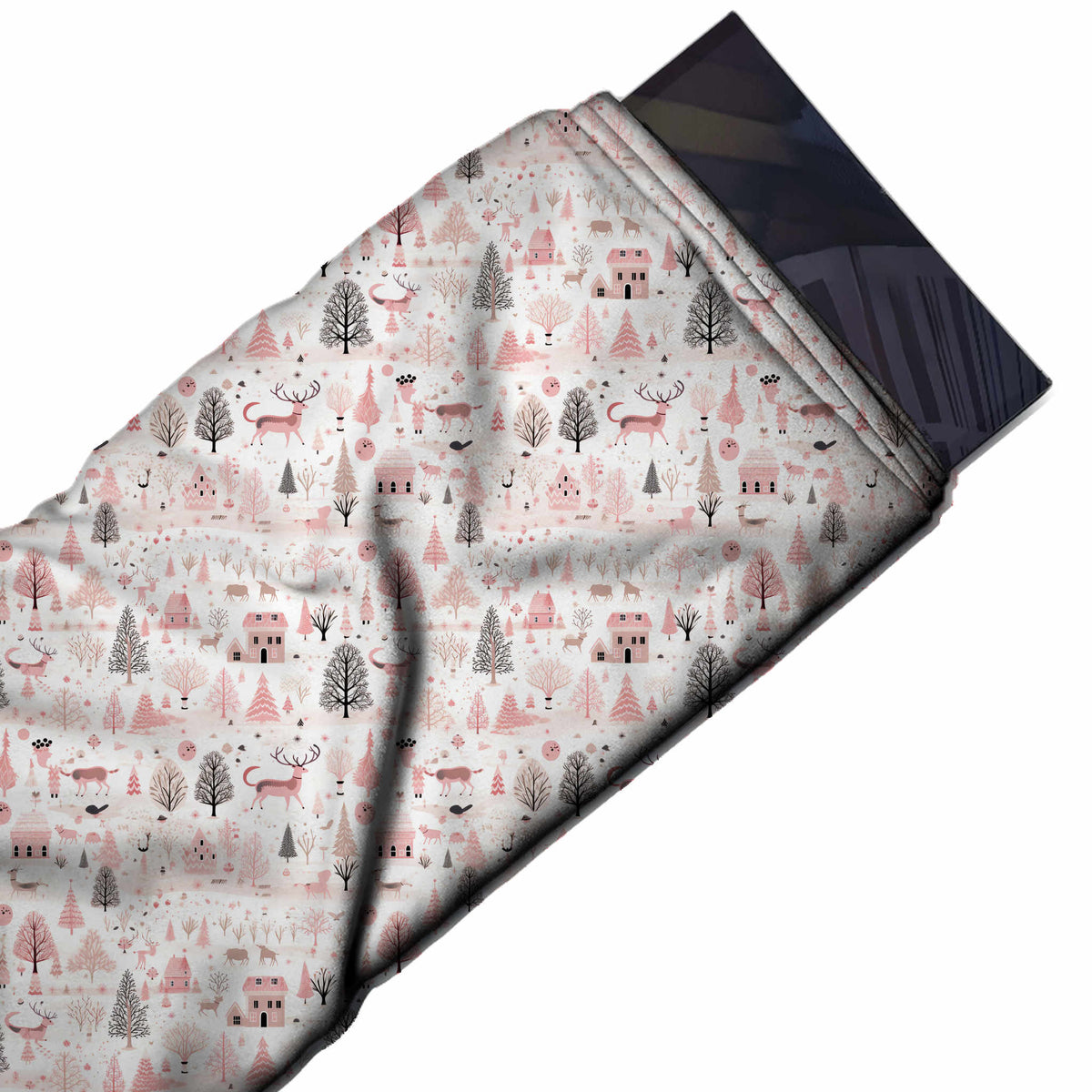 Flat fabric swatch: one-way very small-scale scenic print of pink houses, antlered deer, design Design No_4489, Clothwala