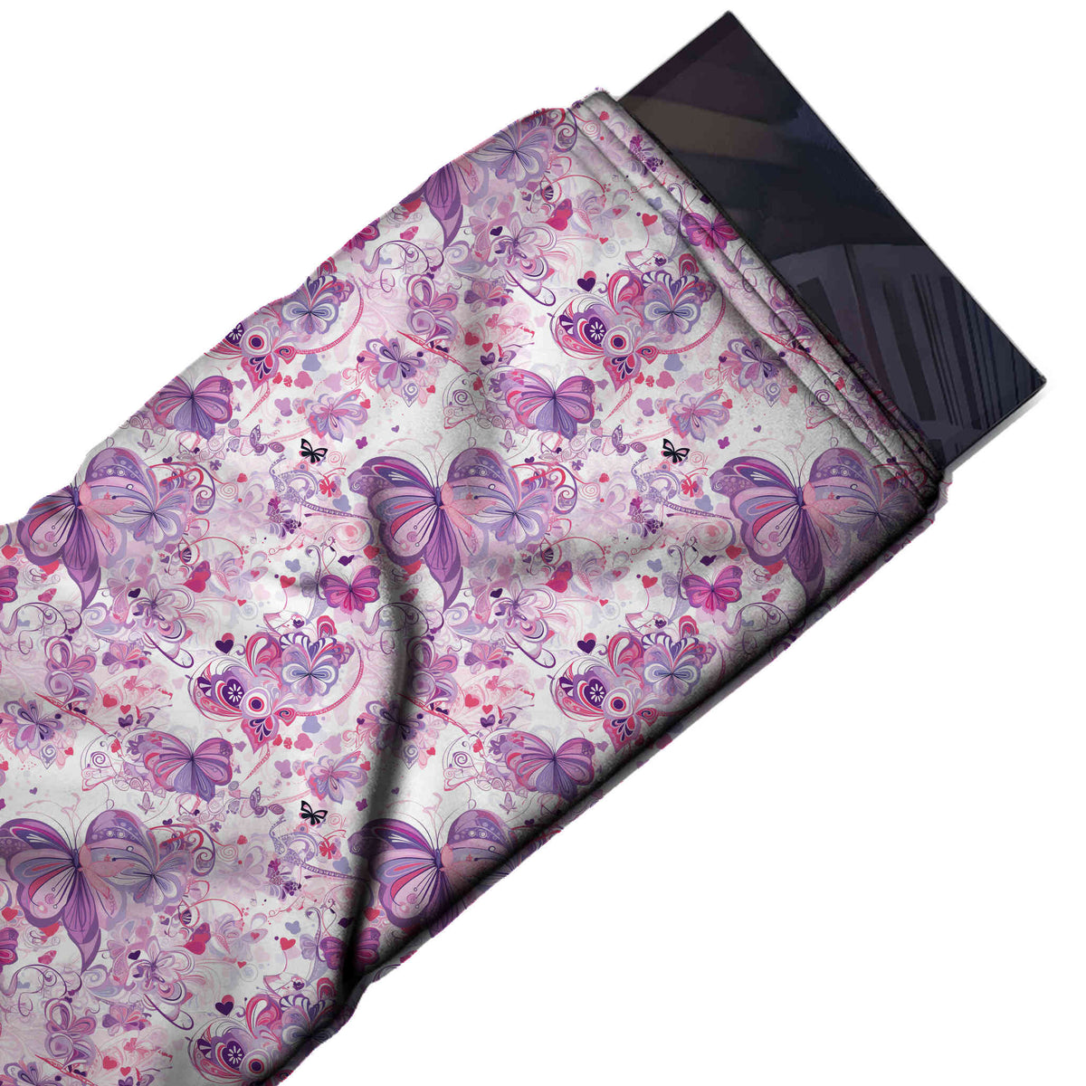 Flat fabric swatch: busy all-over layout of medium purple and pink gradient butterflies, design Design No_4455, Clothwala