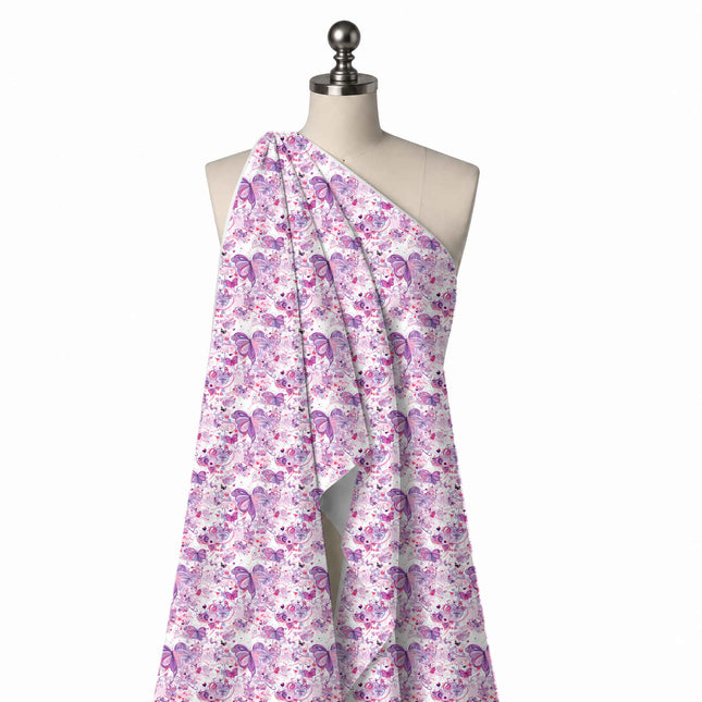 Draped on a mannequin: busy all-over layout of medium purple and pink gradient butterflies, design Design No_4455, Clothwala