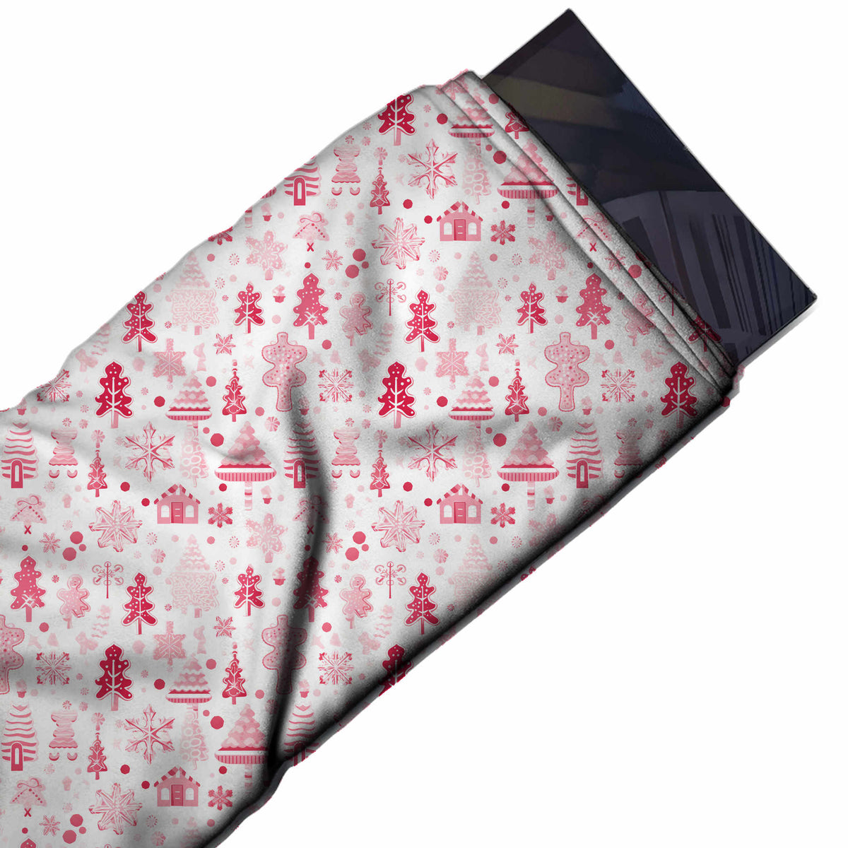 Flat fabric swatch: all-over one-way layout of small upright patterned Christmas trees in, design Design No_4942, Clothwala