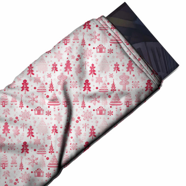 White & Raspberry Red Decorated Trees & Snowflakes Printed Viscose Muslin Fabric