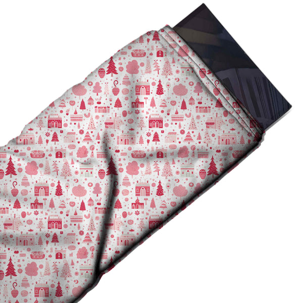 White & Raspberry Red Village Houses & Hearts Printed Viscose Muslin Fabric