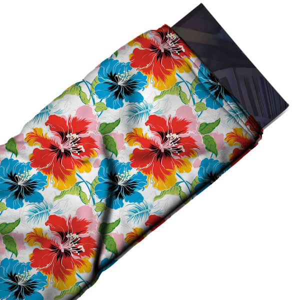 White & Red & Blue Hibiscus Printed Pure Natural Crepe Fabric