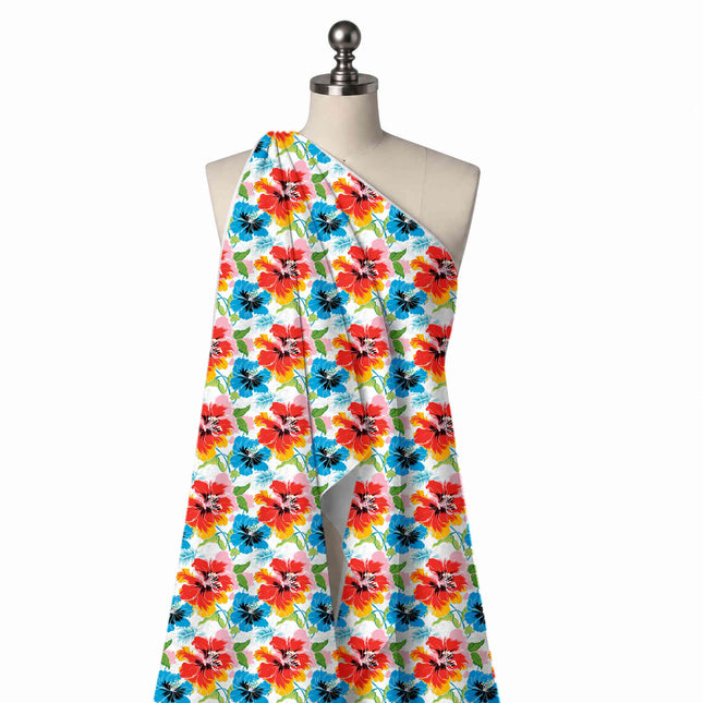 Draped on a mannequin: large-scale floral of red hibiscus shading to orange and yellow, design Design No_4480, Clothwala