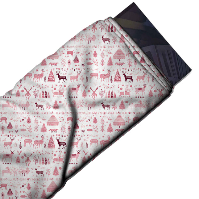 Flat fabric swatch: dense row layout of small folk-style reindeer with patterned saddle, design Design No_4494, Clothwala