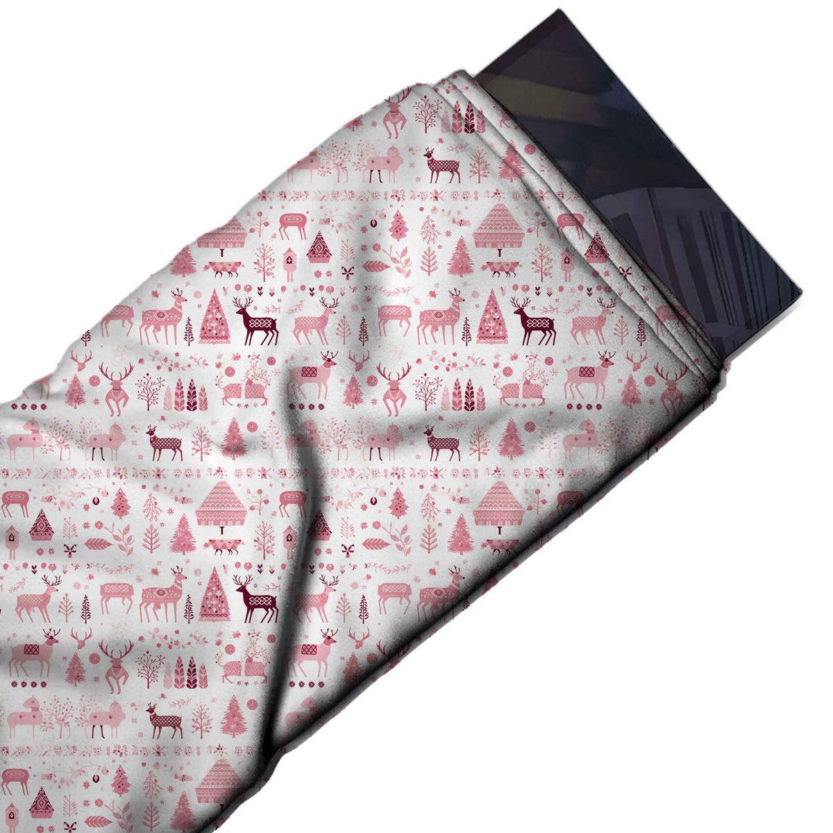 Flat fabric swatch: dense row layout of small folk-style reindeer with patterned saddle, design Design No_4494, Clothwala