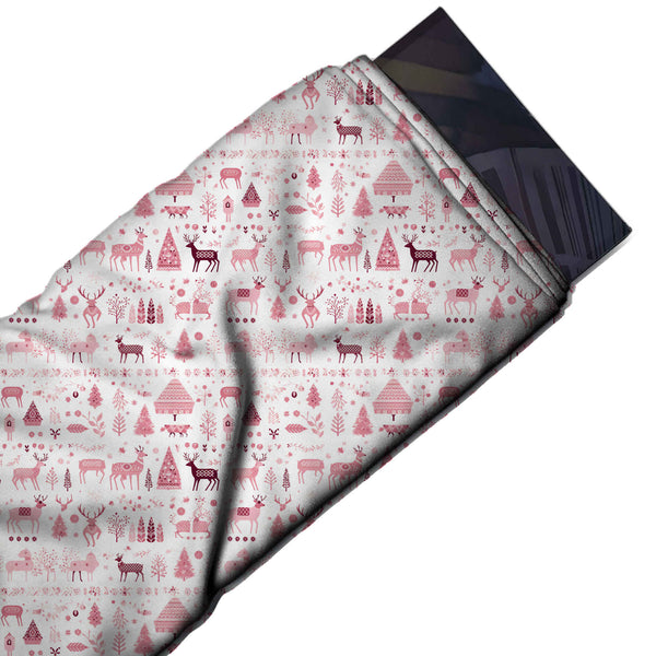 White & Rose Pink Folk Reindeer & Birdhouses Printed Pure Natural Crepe Fabric