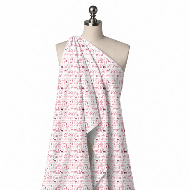 Draped on a mannequin: dense row layout of small folk-style reindeer with patterned saddle, design Design No_4494, Clothwala