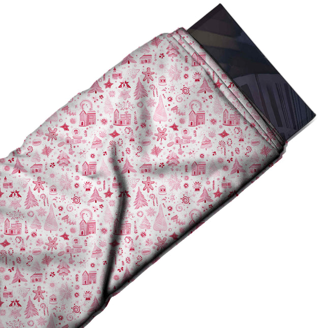 Flat fabric swatch: all-over one-way hand-sketched print of small houses, design Design No_4953, Clothwala