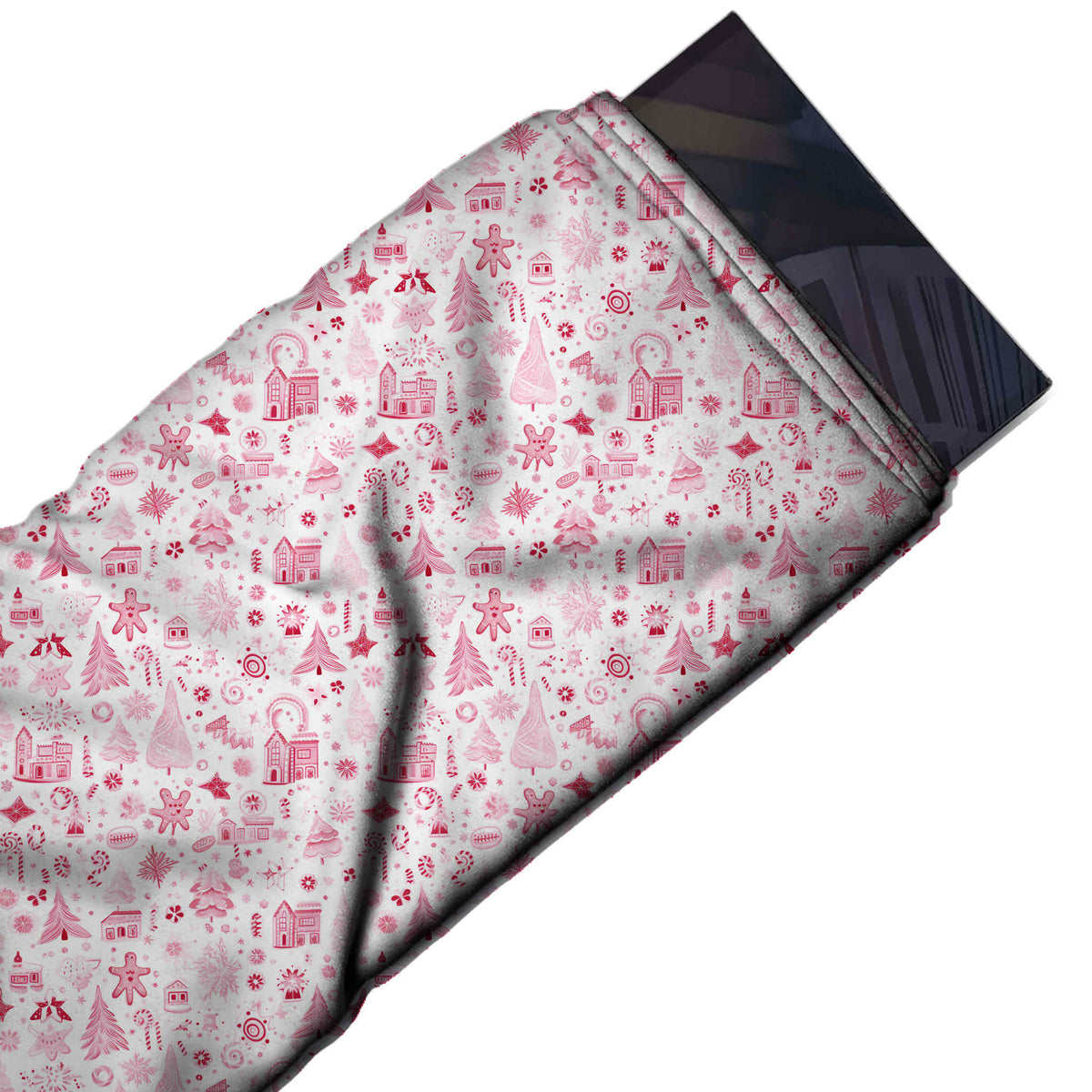 Flat fabric swatch: all-over one-way hand-sketched print of small houses, design Design No_4953, Clothwala
