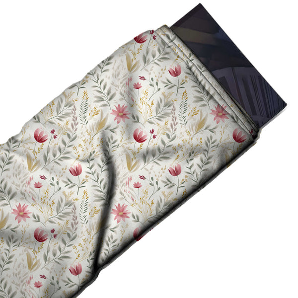 White & Rose Pink Tulip & Leaf Sprigs Printed Armani Satin Fabric