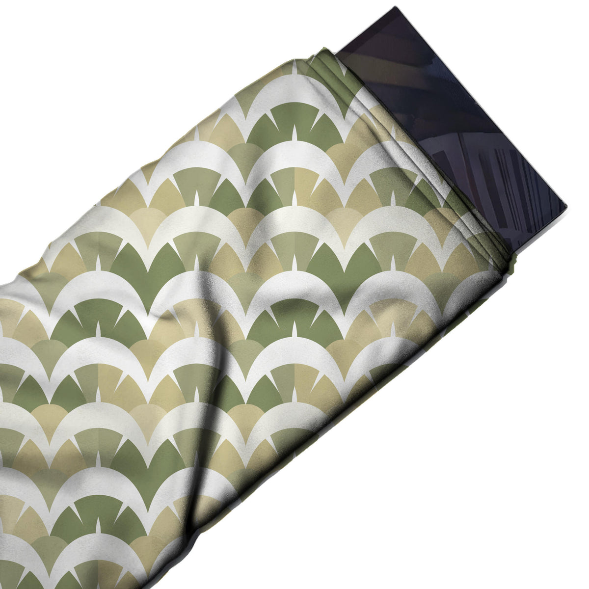 Flat fabric swatch: large-scale scallop geometric with wide white crescent arcs spanning, design Design No_4184, Clothwala
