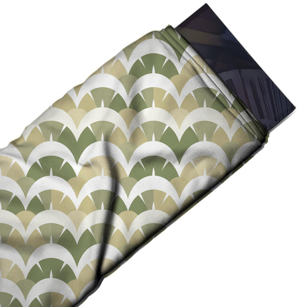 White & Sage Green Crescent Arc Scallops Printed French Crepe Fabric