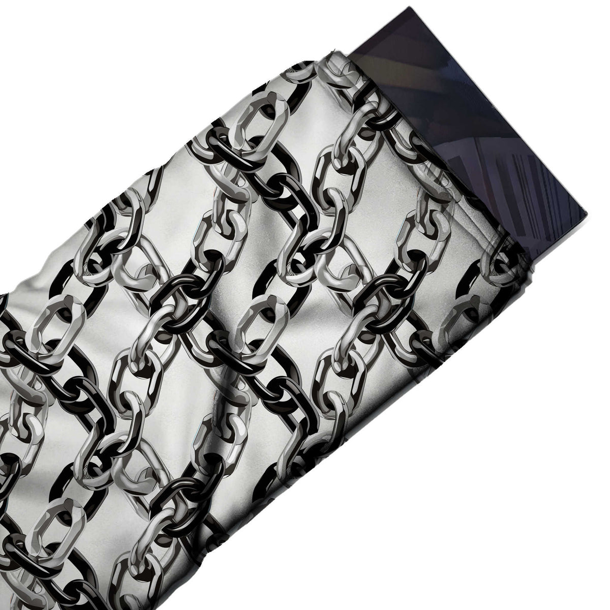 Flat fabric swatch: large-scale diamond lattice formed by photorealistic silver and black metal, design 3683, Clothwala