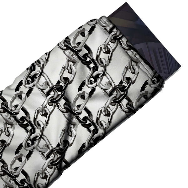 White & Silver Grey Chain Link Lattice Printed Armani Satin Fabric