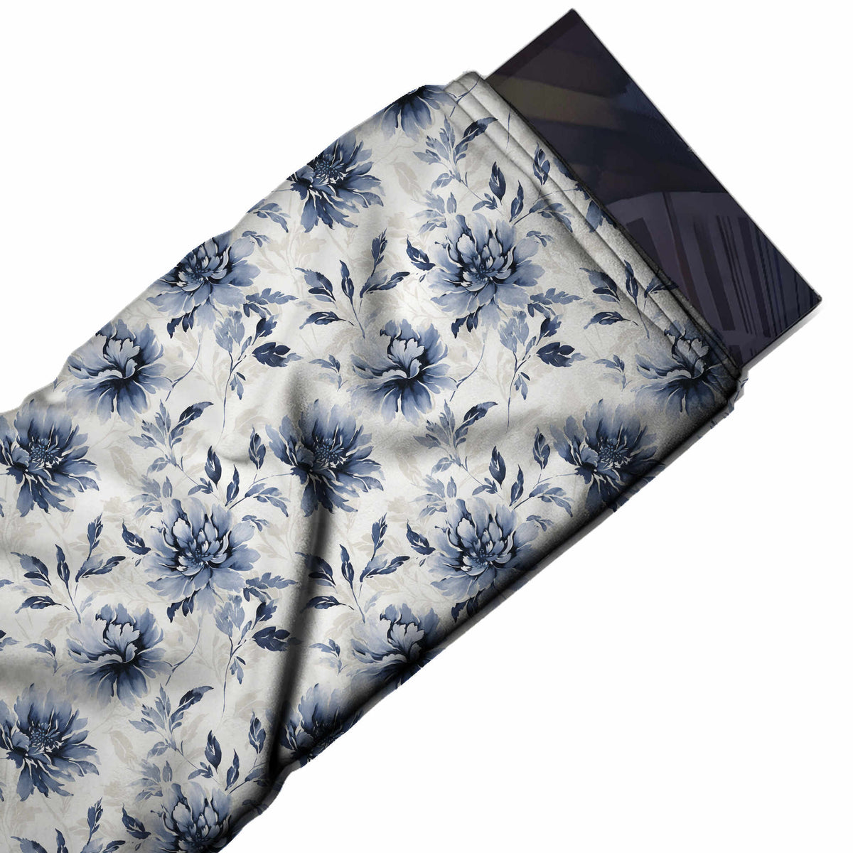 Flat fabric swatch: open all-over floral of slate blue many-petalled blooms with dark navy leaf, design 3531, Clothwala
