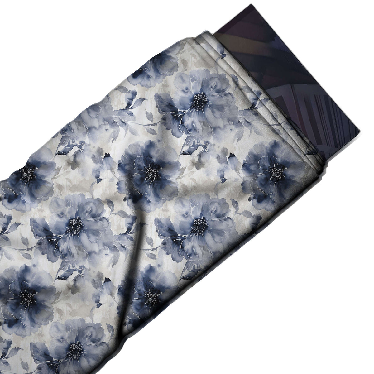 White & Smoky Indigo Blooms Printed Moss Crepe Fabric - flat fabric swatch, design Design No_3850, Clothwala