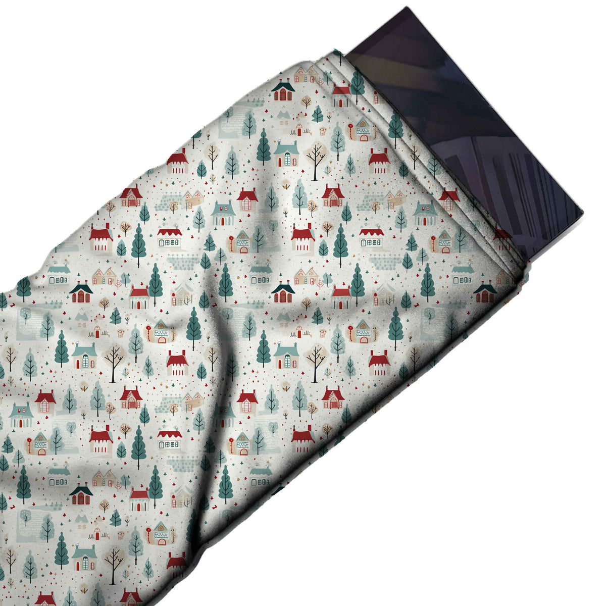 Flat fabric swatch: one-way all-over print of very small houses with dark red, design Design No_4648, Clothwala